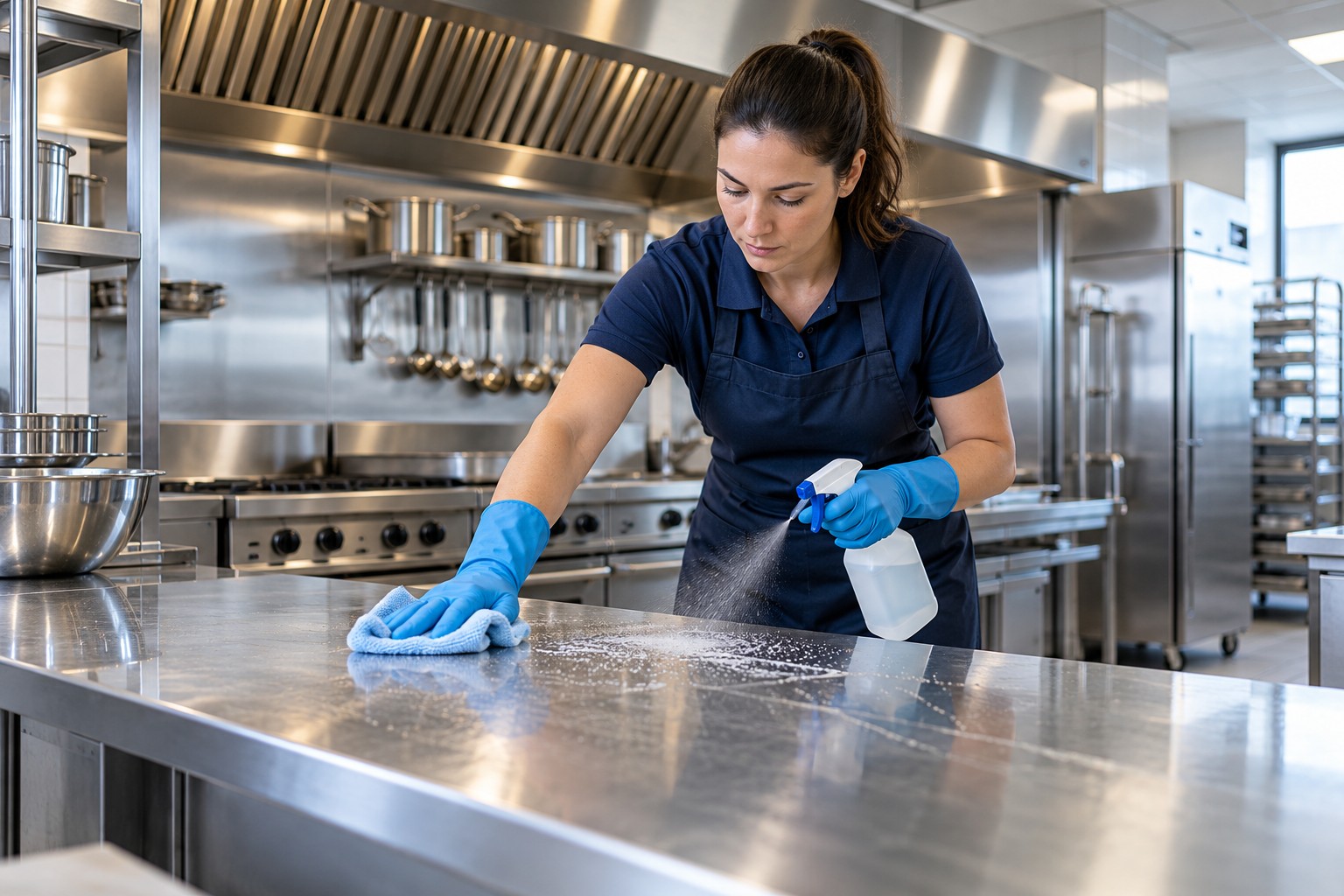 Illustration du nettoyage d’une cuisine professionnelle et de ses surfaces inox